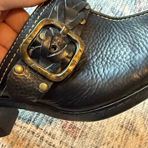 Frye Candice Black Leather Heels Mules Clogs Braided Strap with Buckle - Picture 6 of 10